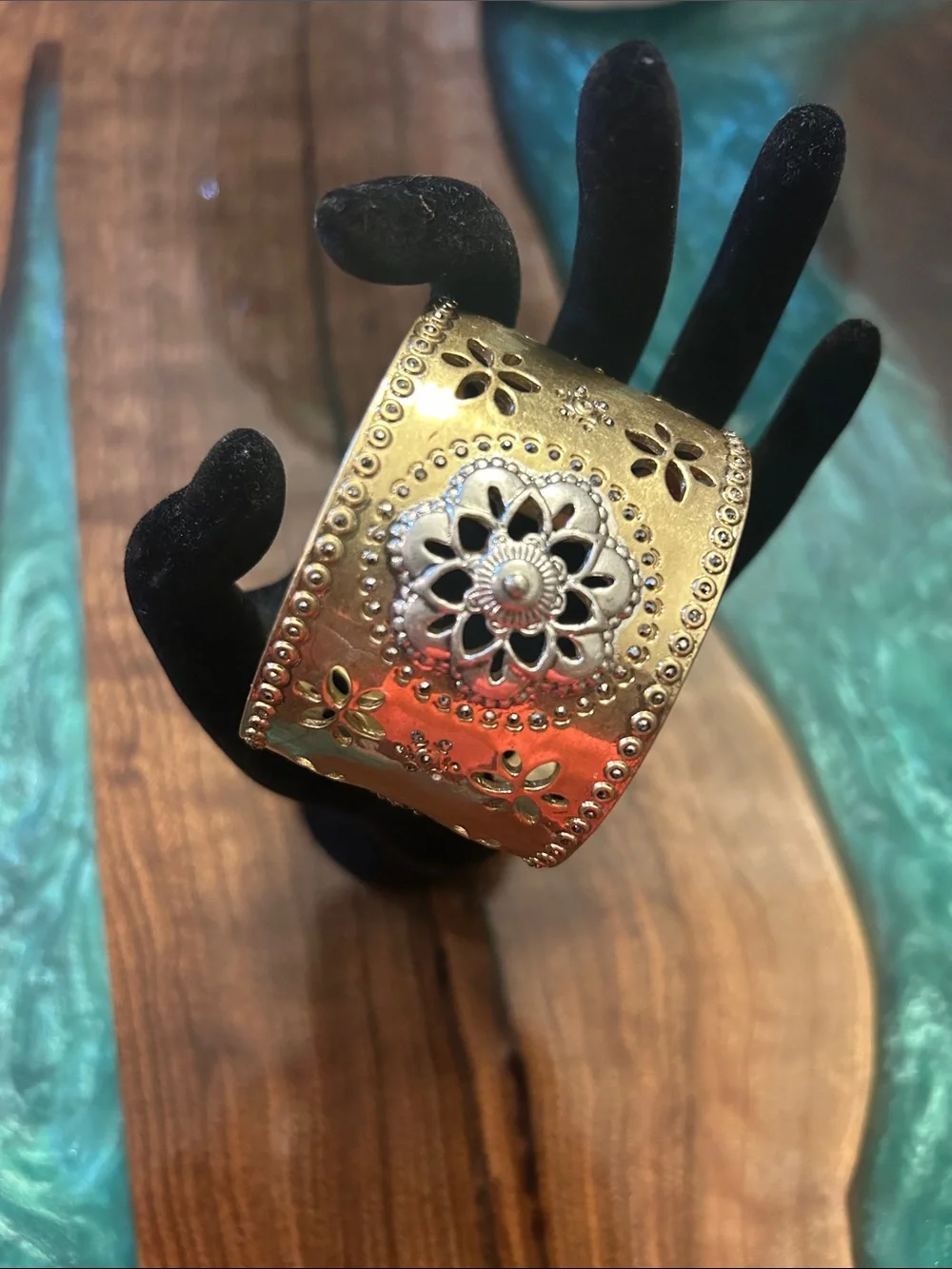 Lucky gold-tone floral cutout cuff bracelet intricate medallion center